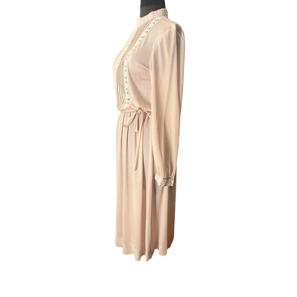 Vtg Soft Girl Modest Coquette Sheer Lace Trim Belted Boho Feminine Midi Dress M - Picture 3 of 9